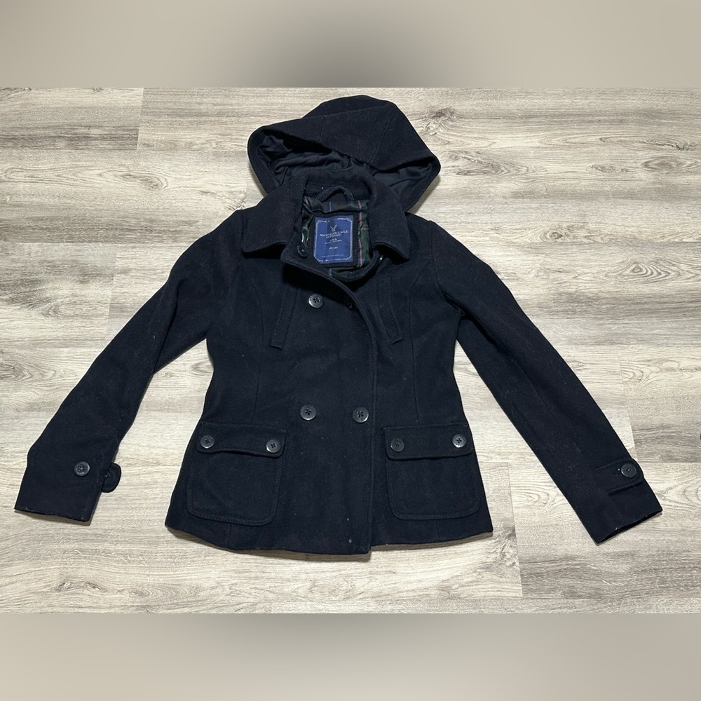 American Eagle Wool Blend Black Peacoat with Detachable Hood | Women’s Size M